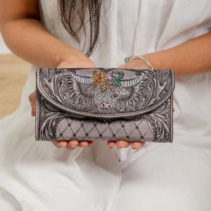 Black bull carved hand tooled wallet